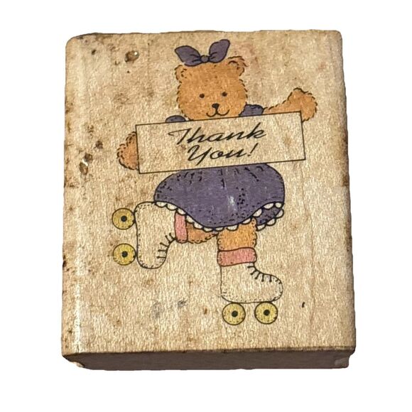 Noteworthy Rubber Stamp Girl Bear Holding Thank You Sign 2 Inches - Picture 1 of 9